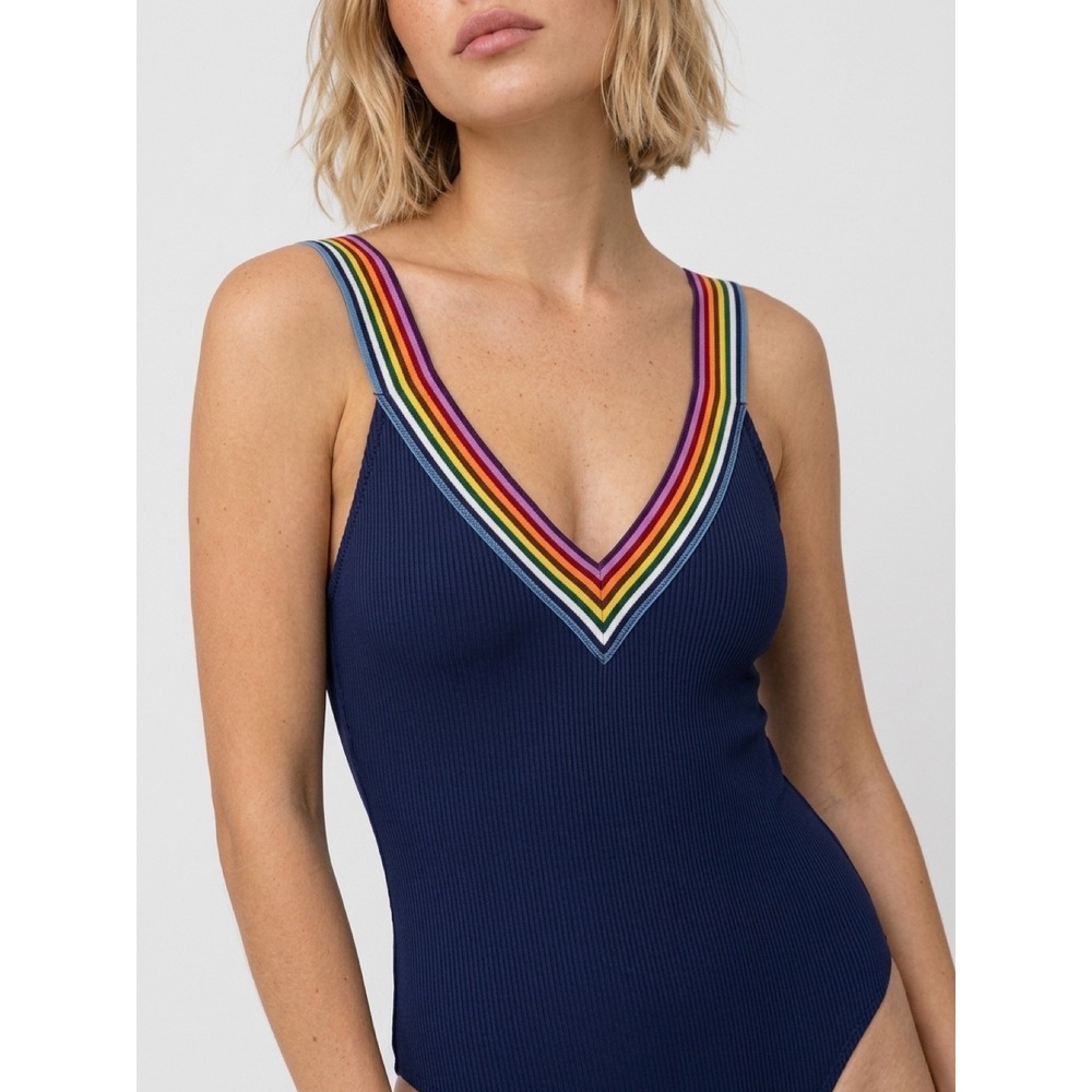 Rip Curl Navy Ribbed One Piece Swimsuit Rainbow Cross Back Straps V-Neck S